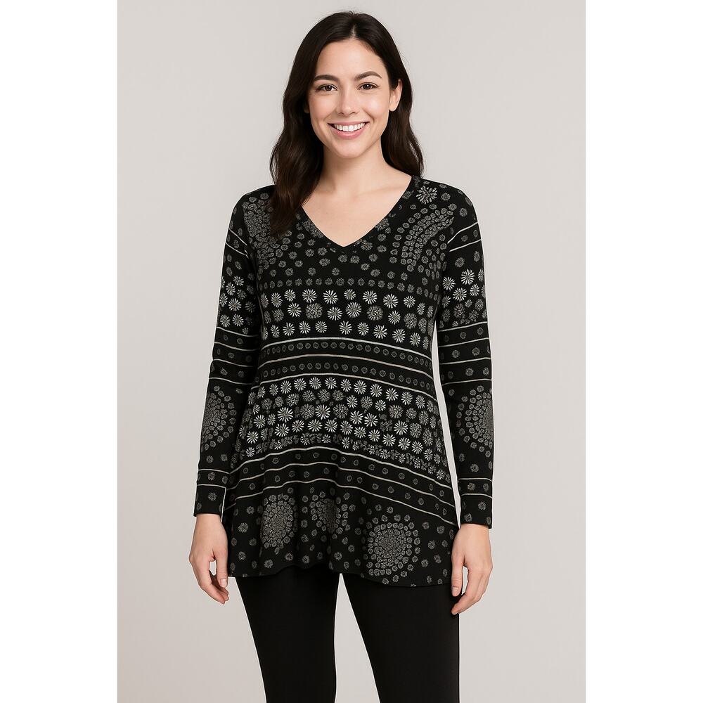 LuluRoe  Hi-Lo Tunic Top Black w/White Floral Design Long Sleeve Size Small